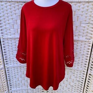 Women's Red 3/4 Sleeve Top with fun circle design